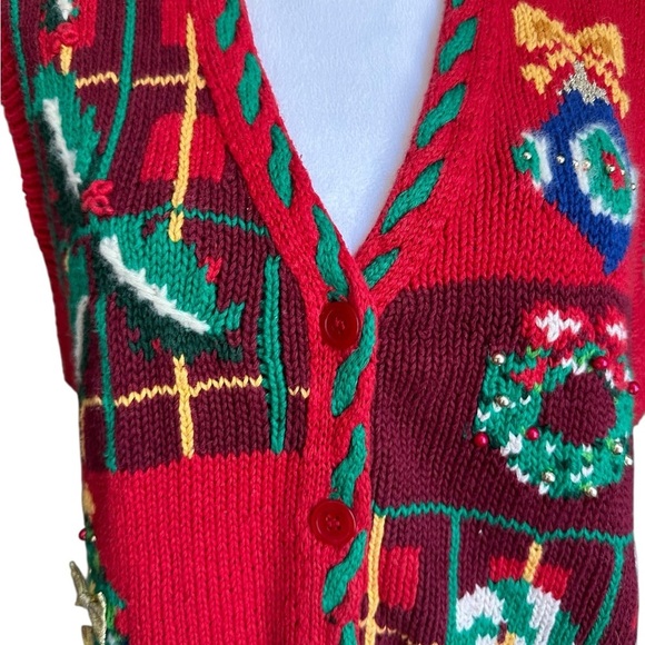 Jennifer Moore Festive Ugly Christmas Sweater Vest Women's L Red Hand Knitted - Picture 5 of 17
